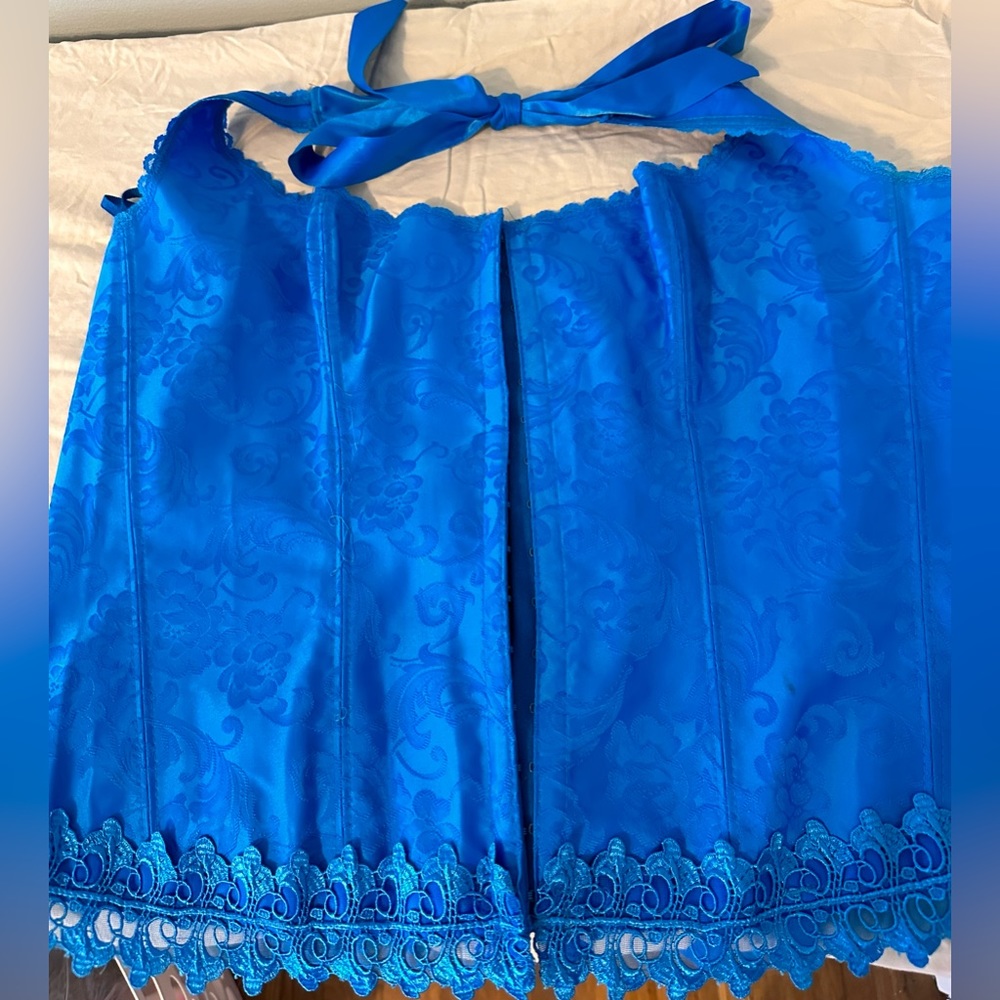 Lovely blue brocade halter corset from Frederick’s of Hollywood